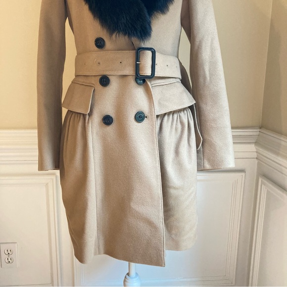 BURBERRY Camel Virgin Wool Cashmere Double Breasted Coat Fox Fur Collar - Picture 5 of 14